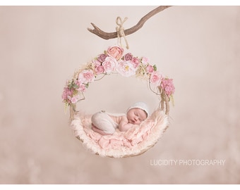 Digital Background - Digital Backdrop - Digital Prop - Newborn Digital Prop - Girl - Pink Floral Woodland Swing Hammock with Plain Backdrop