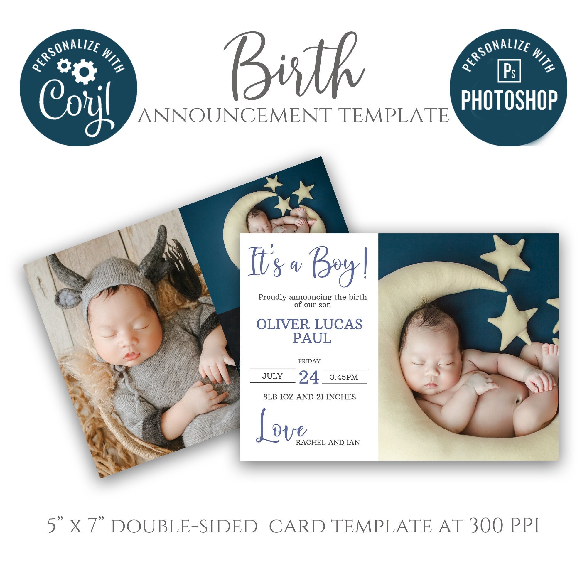 Birth Announcement Template - Newborn Card - Customizable - 7\, image size:2000x2000