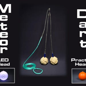 May include: Two juggling poi with teal cords and knotted beige heads. One poi has a white LED light head and the other has an orange practice head.