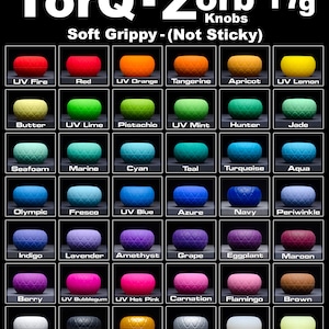 May include: A chart displaying 36 different coloured knobs, each with a textured surface. The knobs are labelled with names such as "UV Fire", "Red", "UV Orange", "Tangerine", "Apricot", "UV Lemon", "Butter", "UV Lime", "Pistachio", "UV Mint", "Hunter", "Jade", "Seafoam", "Marine", "Cyan", "Teal", "Turquoise", "Aqua", "Olympic", "Fresco", "UV Blue", "Azure", "Navy", "Periwinkle", "Indigo", "Lavender", "Amethyst", "Grape", "Eggplant", "Maroon", "Berry", "UV Bubblegum", "UV Hot Pink", "Carnation", "Flamingo", "Brown", "White", "Black", "Gold", "Silver", "Frost", and "Glow".