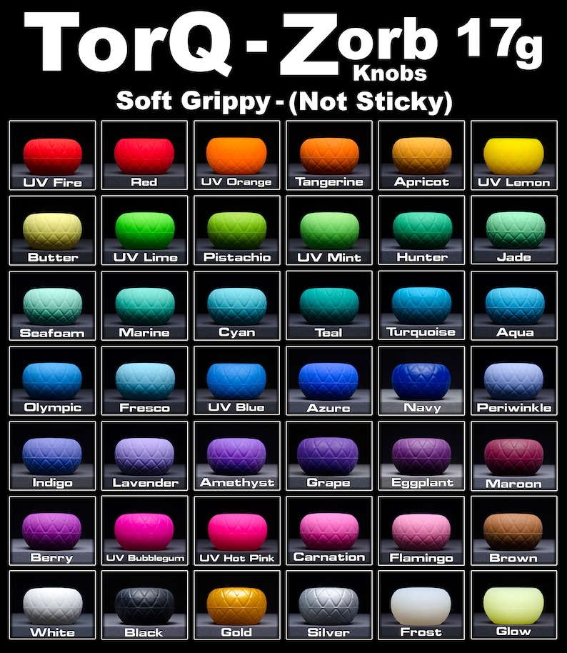 May include: A chart displaying 36 different coloured knobs, each with a textured surface. The knobs are labelled with names such as "UV Fire", "Red", "UV Orange", "Tangerine", "Apricot", "UV Lemon", "Butter", "UV Lime", "Pistachio", "UV Mint", "Hunter", "Jade", "Seafoam", "Marine", "Cyan", "Teal", "Turquoise", "Aqua", "Olympic", "Fresco", "UV Blue", "Azure", "Navy", "Periwinkle", "Indigo", "Lavender", "Amethyst", "Grape", "Eggplant", "Maroon", "Berry", "UV Bubblegum", "UV Hot Pink", "Carnation", "Flamingo", "Brown", "White", "Black", "Gold", "Silver", "Frost", and "Glow".