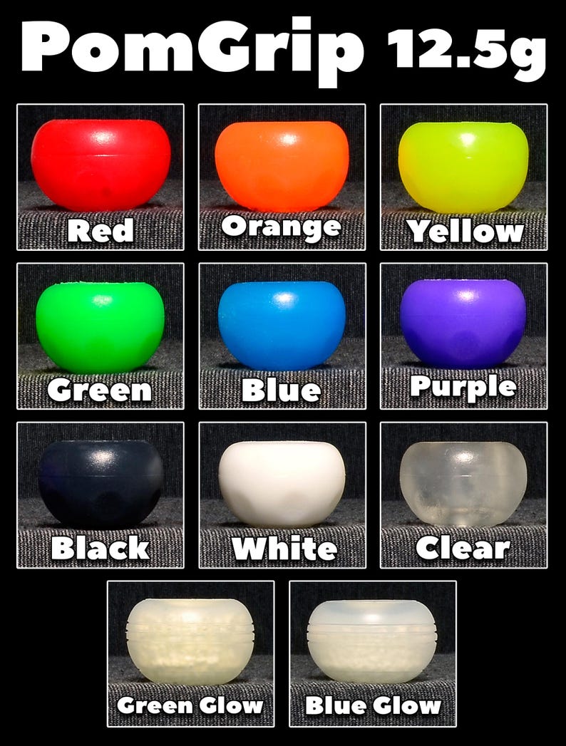 May include: PomGrip 12.5g grip rings in red, orange, yellow, green, blue, purple, black, white, clear, green glow, and blue glow.