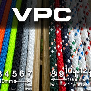 May include: A close-up of 14 different colours of rope, with the numbers 1 through 14 labelled below each rope. The rope is 10mm and 11mm in diameter. VPC is written in white letters at the top of the image.