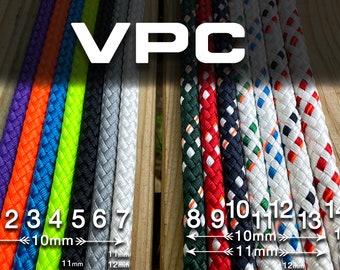 May include: A close-up of 14 different colors of rope, with the numbers 1 through 14 labeled below each rope. The rope is 10mm and 11mm in diameter. VPC is written in white letters at the top of the image.