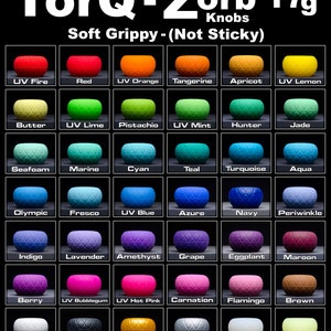 May include: A chart displaying 36 different coloured knobs, each with a textured surface. The knobs are labelled with names such as "UV Fire", "Red", "UV Orange", "Tangerine", "Apricot", "UV Lemon", "Butter", "UV Lime", "Pistachio", "UV Mint", "Hunter", "Jade", "Seafoam", "Marine", "Cyan", "Teal", "Turquoise", "Aqua", "Olympic", "Fresco", "UV Blue", "Azure", "Navy", "Periwinkle", "Indigo", "Lavender", "Amethyst", "Grape", "Eggplant", "Maroon", "Berry", "UV Bubblegum", "UV Hot Pink", "Carnation", "Flamingo", "Brown", "White", "Black", "Gold", "Silver", "Frost", and "Glow".