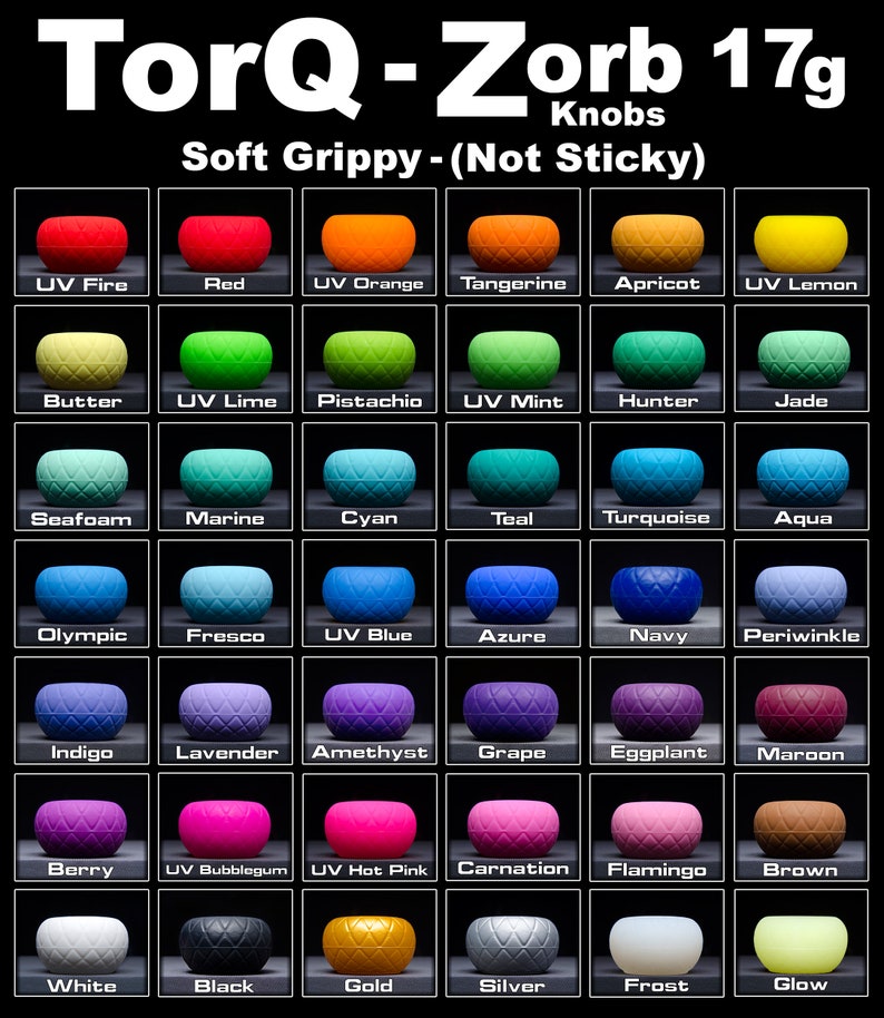 May include: A chart displaying 36 different coloured knobs, each with a textured surface. The knobs are labelled with names such as "UV Fire", "Red", "UV Orange", "Tangerine", "Apricot", "UV Lemon", "Butter", "UV Lime", "Pistachio", "UV Mint", "Hunter", "Jade", "Seafoam", "Marine", "Cyan", "Teal", "Turquoise", "Aqua", "Olympic", "Fresco", "UV Blue", "Azure", "Navy", "Periwinkle", "Indigo", "Lavender", "Amethyst", "Grape", "Eggplant", "Maroon", "Berry", "UV Bubblegum", "UV Hot Pink", "Carnation", "Flamingo", "Brown", "White", "Black", "Gold", "Silver", "Frost", and "Glow".