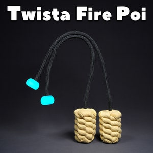 May include: Black rope fire poi with glowing blue ends and beige woven fire heads. The text "Twista Fire Poi" is displayed in white at the top of the image. The poi are suspended against a dark background.