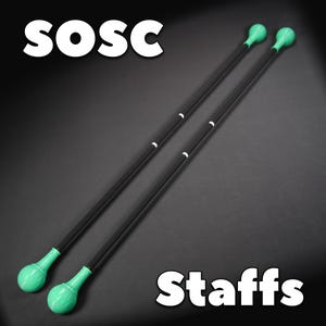 May include: Two black staffs with green ball-shaped ends. The staffs are angled towards each other against a dark background. The word "SOSC" is at the top, and the word "Staffs" is at the bottom.