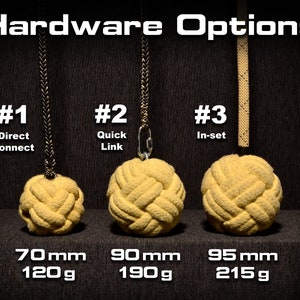 May include: Three fire poi with different hardware options. The first poi is 70 mm in diameter and weighs 120 g. The second poi is 90 mm in diameter and weighs 190 g. The third poi is 95 mm in diameter and weighs 215 g.