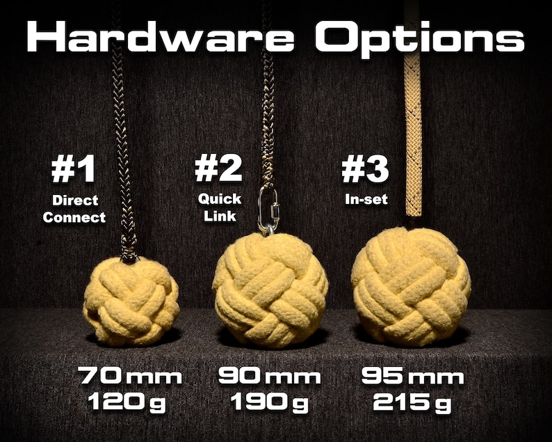 May include: Three fire poi with different hardware options. The first poi is 70 mm in diameter and weighs 120 g. The second poi is 90 mm in diameter and weighs 190 g. The third poi is 95 mm in diameter and weighs 215 g.