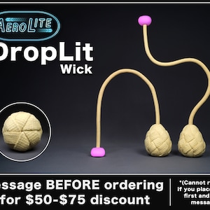 May include: AeroLite DropLit Wick product. The image shows a beige woven ball with a curved beige cord and a pink base and top. The text on the image says "Message BEFORE ordering for $50-$75 discount."