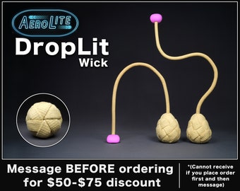 May include: AeroLite DropLit Wick product. The image shows a beige woven ball with a curved beige cord and a pink base and top. The text on the image says "Message BEFORE ordering for $50-$75 discount."