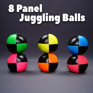 May include: Three sets of 8-panel juggling balls in the image. Each set has two balls stacked on top of each other. The top balls are green, yellow, and blue. The bottom balls are pink, orange, and red. The text "8 Panel Juggling Balls" is at the top.
