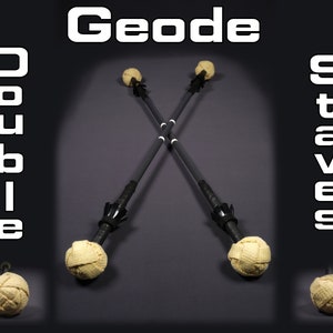 May include: Double staves crossed against a dark background. The staves are grey with black handles and beige fire heads. The word "Geode" is at the top, and "Double Staves" is written vertically on the left and right.