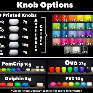 May include: A selection of 3D printed knobs in a range of colours and sizes, including TorQ, Tex TorQ, FlexXL, Tex FlexXL, Tex Flex, PomGrip, Delphin, OVO, and PX3. The knobs are available in a variety of colours, including red, orange, yellow, green, blue, purple, pink, and black. The knobs are made from a durable plastic and are designed to be easy to grip and use.