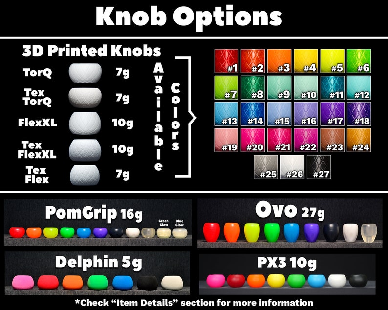 May include: A selection of 3D printed knobs in a range of colours and sizes, including TorQ, Tex TorQ, FlexXL, Tex FlexXL, Tex Flex, PomGrip, Delphin, OVO, and PX3. The knobs are available in a variety of colours, including red, orange, yellow, green, blue, purple, pink, and black. The knobs are made from a durable plastic and are designed to be easy to grip and use.