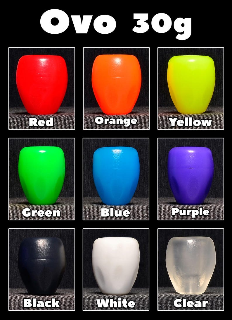 May include: Nine different coloured plastic OVO 30g weights in red, orange, yellow, green, blue, purple, black, white, and clear.