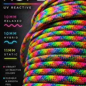 May include: A coil of multi-colored rope with a vibrant pattern of pink, yellow, blue, and green. Text on the image reads: INTRODUCING PRISM ROPE, UV REACTIVE, 10MM RELAXED, 10MM HYBRID, 11MM STATIC, VIBRANT UV REACTIVE COLORS, DURABLE & SMOOTH FEEL, BUILT TO FLOW.