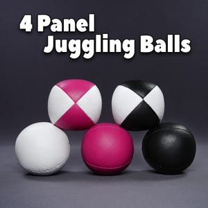 May include: Five juggling balls in various colors: white, pink, and black. Two balls have a white and colored panel design. The text "4 Panel Juggling Balls" is at the top of the image.