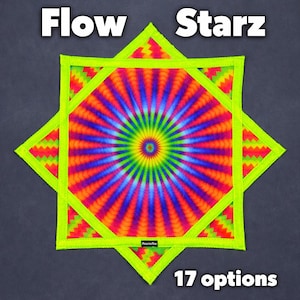 Op de afbeelding: Een stervormig textiel met de woorden "Flow Starz" bovenaan. Het ontwerp heeft een levendig, radiaal patroon in tinten blauw, oranje en groen. De randen zijn omlijnd in neon groen. De tekst "17 opties" staat onderaan.