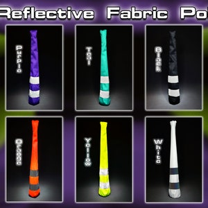 Puede incluir: Colección de poi de tela reflectante en varios colores: morado, verde azulado, negro, naranja, amarillo y blanco. Cada poi presenta un diseño de rayas reflectantes. El texto "Reflective Fabric Poi" está en la parte superior.