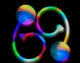 May include: A colorful abstract design with three circles connected by a rainbow-colored line. The circles are iridescent and have a blue, green, and yellow color scheme.