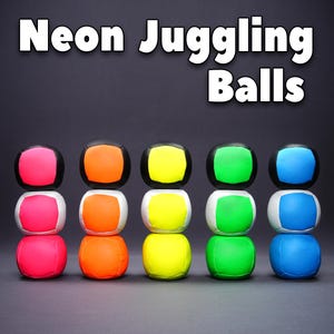 May include: Neon juggling balls in bright colors: pink, orange, yellow, green, and blue. Each ball has a black top and a white or colored bottom. The text "Neon Juggling Balls" is at the top.