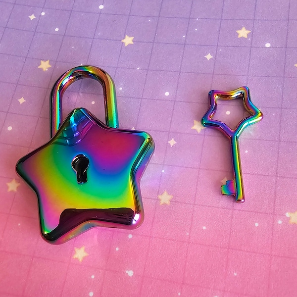 Add-On Rainbow Oil Slick Star choker collar padlock with keys | star kitty cosplay lock metal