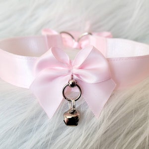 Light pink soft satin choker | Cute pink bell kitty collar necklace | neko egirl cosplay