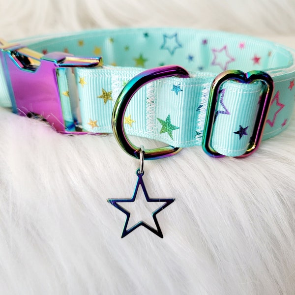 Oil Slick Rainbow Star Choker - Metal Tempered Holographic Puppy Cosplay Collar, Adjustable Necklace, Kawaii Kitty Accessory