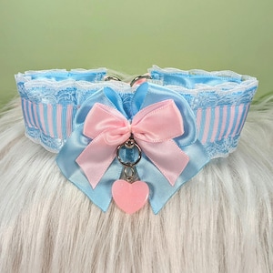 Pink and Blue Nekomimi collar Bubblegum Striped Choker - Cute Neko Collar, Cosplay Accessory, Plus Size Friendly