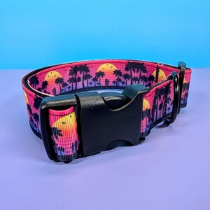 May include: A pink and purple dog collar with a black plastic buckle. The collar has a repeating pattern of palm trees and sunsets.
