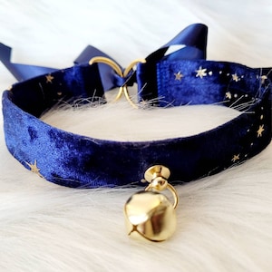 Starry soft velvet gold Kitty cosplay collar | Cute silky soft navy gold star choker blush pink, black, Navy