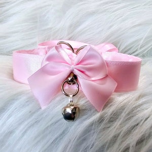 Light pink soft satin choker | Cute pink bell kitty collar necklace | neko egirl cosplay sayin lined