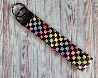Rainbow Checkerboard Keychain Wristlet: Emo Y2K Accessory