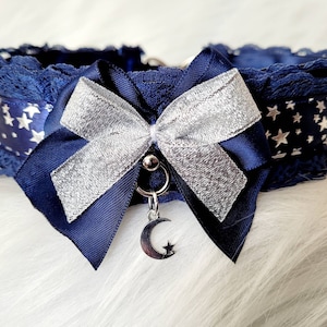 Starry Night Kitty cosplay collar | Navy Blue silver stars Sky Choker | Celestial Lolita necklace