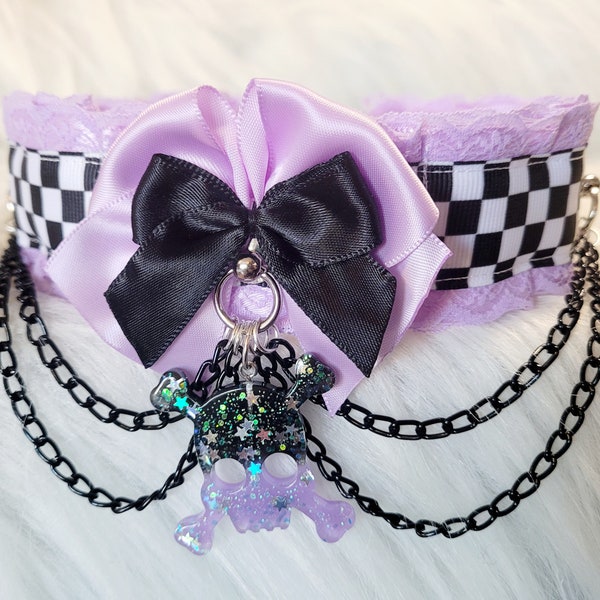 Emo Checkerboard Purple Skull Choker | Pastel Goth, Cosplay Collar, Grunge Accessories, Harajuku Punk, Gift for Her