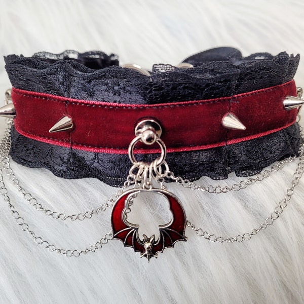 Gothic Red and black vampire bat choker collar | red velvet kitty cosplay collar goth | Romantic Vamp goth necklace