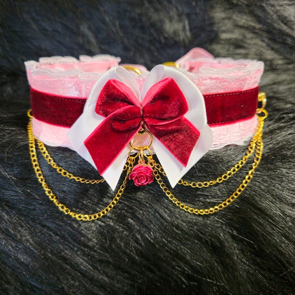 Rose Princess Choker | Kitty Cosplay Collar, Lined, Pleated, Romantic Gift, Lolita, Valentines Jewelry, Plus Size Friendly