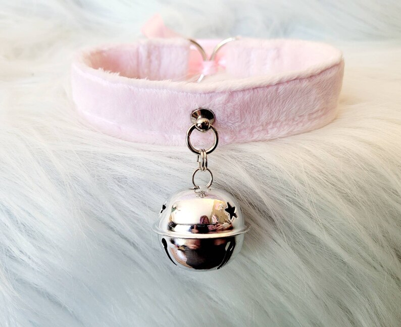 Light pink plush soft furry choker collar with oversized bell | pastel pink fuzzy pet play collar 