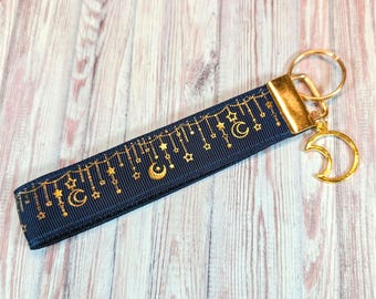 Celestial Moon & Stars Wristlet Keychain | Handmade Ribbon Key Finder