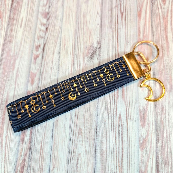 Celestial Moon & Stars Wristlet Keychain | Handmade Ribbon Key Finder