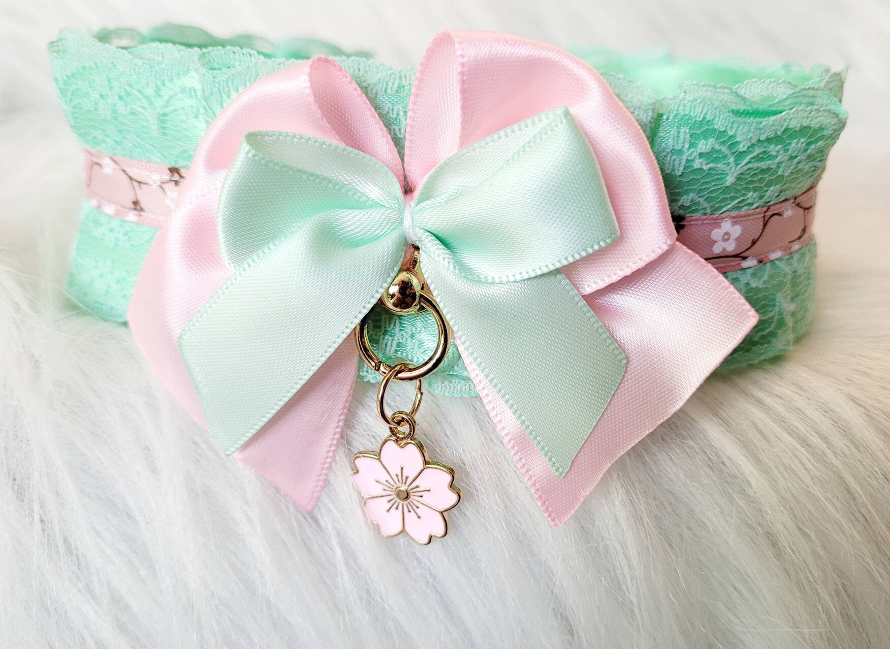 Sakura Mint Tea Choker collar | cherry blossom minty green and pink kitten play collar