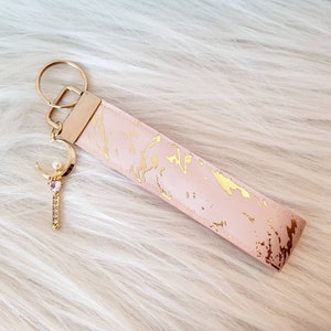 Elegant Stain marble Gold and Rose gold Queen Wand Scepter Moon wristlet Keyfob | Princess pink pearl golden keychain