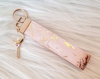 Marble Gold Moon Keychain Wristlet | Pink Pastel Keyfob