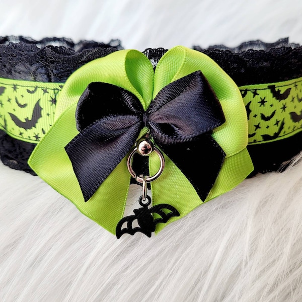 Neon Green Bat Choker Collar - Gothic Lace Kitty Cosplay Collar - Plus Size Friendly Gift - Bat lover goth Girlfriend aesthetic