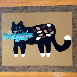 Painted Canvas Floorcloth with Whimsical Cat and Fish