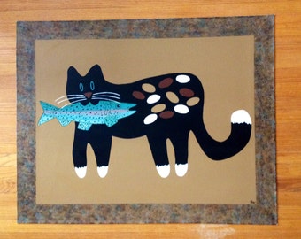 Painted Canvas Floorcloth with Whimsical Cat and Fish