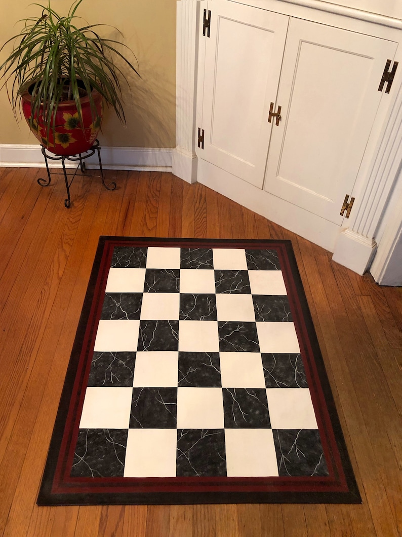 Painted Canvas Colonial Floorcloth With Marble Checkerboard Design - Etsy