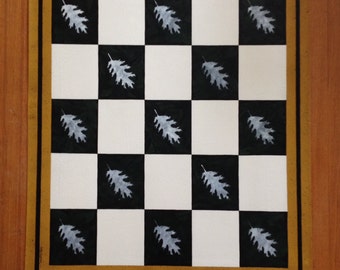 Painted Canvas Floorcloth with Checkered Leaf Design